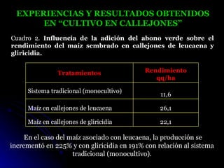EXPERIENCIAS Y RESULTADOS OBTENIDOS
       EN “CULTIVO EN CALLEJONES”
Cuadro 2. Influencia de la adición del abono verde sobre el
rendimiento del maíz sembrado en callejones de leucaena y
gliricidia.


                Tratamientos                Rendimiento
                                               qq/ha

     Sistema tradicional (monocultivo)
                                                 11,6

     Maíz en callejones de leucaena              26,1

     Maíz en callejones de gliricidia            22,1

     En el caso del maíz asociado con leucaena, la producción se
incrementó en 225% y con gliricidia en 191% con relación al sistema
                     tradicional (monocultivo).
 