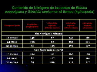 Contenido de Nitrógeno de las podas de Eritrina
poeppigiana y Gliricidia sepium en el tiempo (kg/ha/poda)


                                   Gliricidia       Gliricidia     Gliricidia
                  Erythrina
Tiempo de poda                      sepium           sepium         sepium
                 poeppigiana
                                 árboles nuevos   árboles viejos   promedio


                          Sin Nitrógeno Mineral
 18 meses           148               87              147             118
  24 mese           103               68              133             101
 30 meses            51               125             170             147
                          Con Nitrógeno Mineral
 18 meses           104               113             266            190
  24 mese            67               107             121             114
 30 meses            84               219             215             217
 