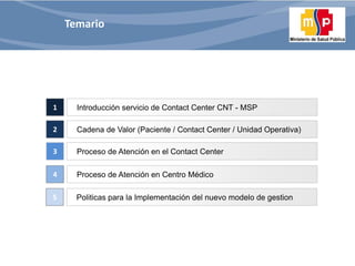 Temario
Introducción servicio de Contact Center CNT - MSP
Cadena de Valor (Paciente / Contact Center / Unidad Operativa)
P...
