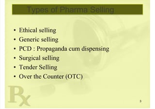  
Types of Pharma Selling
• Ethical selling
• Generic selling
• PCD : Propaganda cum dispensing
• Surgical selling
• Tender Selling
• Over the Counter (OTC)
3
 