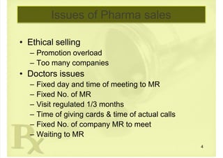  
Issues of Pharma sales
• Ethical selling
 – Promotion overload
 – Too many companies
• Doctors issues
 – Fixed day and time of meeting to MR
 – Fixed No. of MR
 – Visit regulated 1/3 months
 – Time of giving cards & time of actual calls
 – Fixed No. of company MR to meet
 – Waiting to MR
4
 