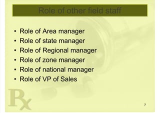  
Role of other field staff
• Role of Area manager
• Role of state manager
• Role of Regional manager
• Role of zone manager
• Role of national manager
• Role of VP of Sales
7
 