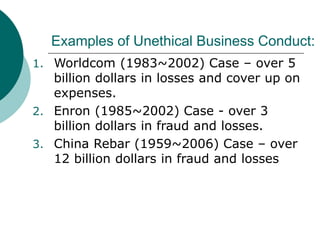 Examples of Unethical Business Conduct:
1. Worldcom (1983~2002) Case – over 5
billion dollars in losses and cover up on
expenses.
2. Enron (1985~2002) Case - over 3
billion dollars in fraud and losses.
3. China Rebar (1959~2006) Case – over
12 billion dollars in fraud and losses
 