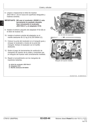 Culata y válvulas
02
020
44
RG,RG34710,92 –63–28NOV00–6/6
RG10279
–UN–13AUG99
Uso del árbol de expansión
RG8159
–UN–21MAY98
Manguito del inyector instalado
A—Arbol de recalcador JDG1184-2-1
B—Adaptador 8132
C—Martillo deslizante D01300AA
8. Limpiar e inspeccionar el árbol de recalcar
JDG1184-2-1 (A) en busca de superficies desiguales y
materias extrañas.
IMPORTANTE: NO usar el recalcador JDG981-2; esta
herramienta ha quedado obsoleta.
Usar únicamente el recalcador
JDG1184-2-1 y el adaptador 8132.
9. Instalar el extremo pequeño del adaptador 8132 (B) en
el árbol de recalcar (A).
10. Instalar el extremo grande del adaptador en el
martillo deslizante de 2.2 kg (5 lb) D01300AA (C).
11. Colocar la punta del recalcador en el manguito guı́a y
empujar el recalcador a través de la punta del
manguito. Extraer el recalcador con el martillo
deslizante.
12. Quitar el juego de herramientas de sustitución de
manguitos de inyector de la culata y comprobar que
el manguito del inyector esté correctamente instalado.
13. Repetir el procedimiento con los manguitos de
inyectores restantes.
CTM101 (06APR04) 02-020-44 Motores diesel POWERTECH de 10.5 l y 12.5 l
041904
PN=116
 