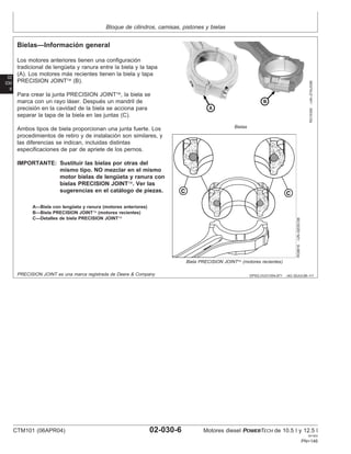 Bloque de cilindros, camisas, pistones y bielas
02
030
6
DPSG,OUO1004,871 –63–30JUL99–1/1
Bielas—Información general
RG10300
–UN–27AUG99
Bielas
RG9616
–UN–02DEC98
Biela PRECISION JOINT (motores recientes)
A—Biela con lengüeta y ranura (motores anteriores)
B—Biela PRECISION JOINT (motores recientes)
C—Detalles de biela PRECISION JOINT
Los motores anteriores tienen una configuración
tradicional de lengüeta y ranura entre la biela y la tapa
(A). Los motores más recientes tienen la biela y tapa
PRECISION JOINT (B).
Para crear la junta PRECISION JOINT, la biela se
marca con un rayo láser. Después un mandril de
precisión en la cavidad de la biela se acciona para
separar la tapa de la biela en las juntas (C).
Ambos tipos de biela proporcionan una junta fuerte. Los
procedimientos de retiro y de instalación son similares, y
las diferencias se indican, incluidas distintas
especificaciones de par de apriete de los pernos.
IMPORTANTE: Sustituir las bielas por otras del
mismo tipo. NO mezclar en el mismo
motor bielas de lengüeta y ranura con
bielas PRECISION JOINT. Ver las
sugerencias en el catálogo de piezas.
PRECISION JOINT es una marca registrada de Deere & Company
CTM101 (06APR04) 02-030-6 Motores diesel POWERTECH de 10.5 l y 12.5 l
041904
PN=146
 