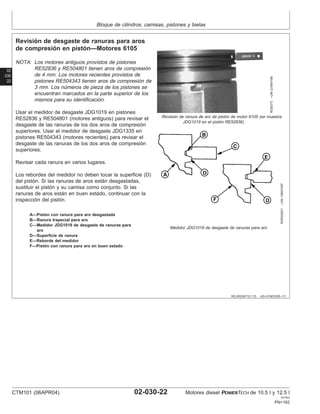 Bloque de cilindros, camisas, pistones y bielas
02
030
22
RG,RG34710,115 –63–01NOV00–1/1
Revisión de desgaste de ranuras para aros
de compresión en pistón—Motores 6105
RG8373
–UN–21MAY98
Revisión de ranura de aro de pistón de motor 6105 (se muestra
JDG1019 en el pistón RE52836)
RGR24201
–UN–19NOV97
Medidor JDG1019 de desgaste de ranuras para aro
A—Pistón con ranura para aro desgastada
B—Ranura trapecial para aro
C—Medidor JDG1019 de desgaste de ranuras para
aro
D—Superficie de ranura
E—Reborde del medidor
F—Pistón con ranura para aro en buen estado
NOTA: Los motores antiguos provistos de pistones
RE52836 y RE504801 tienen aros de compresión
de 4 mm. Los motores recientes provistos de
pistones RE504343 tienen aros de compresión de
3 mm. Los números de pieza de los pistones se
encuentran marcados en la parte superior de los
mismos para su identificación.
Usar el medidor de desgaste JDG1019 en pistones
RE52836 y RE504801 (motores antiguos) para revisar el
desgaste de las ranuras de los dos aros de compresión
superiores. Usar el medidor de desgaste JDG1335 en
pistones RE504343 (motores recientes) para revisar el
desgaste de las ranuras de los dos aros de compresión
superiores.
Revisar cada ranura en varios lugares.
Los rebordes del medidor no deben tocar la superficie (D)
del pistón. Si las ranuras de aros están desgastadas,
sustituir el pistón y su camisa como conjunto. Si las
ranuras de aros están en buen estado, continuar con la
inspección del pistón.
CTM101 (06APR04) 02-030-22 Motores diesel POWERTECH de 10.5 l y 12.5 l
041904
PN=162
 