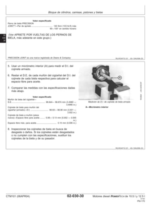 Bloque de cilindros, camisas, pistones y bielas
02
030
30
RG,RG34710,121 –63–13AUG99–2/3
Valor especificado
Perno de biela PRECISION
JOINT—Par de apriete 140 N•m (103 lb-ft) más
90—100° en sentido horario
.....................................
(Ver APRIETE POR VUELTAS DE LOS PERNOS DE
BIELA, más adelante en este grupo.)
PRECISION JOINT es una marca registrada de Deere & Company
RG,RG34710,121 –63–13AUG99–3/3
RG3824
–UN–04DEC97
Medición de D.I. de cojinete de biela armado
A—Micrómetro interior
5. Usar un micrómetro interior (A) para medir el D.I. del
cojinete armado.
6. Restar el D.E. de cada muñón del cigüeñal del D.I. del
cojinete de cada biela respectiva para calcular el
espacio libre para aceite.
7. Comparar las medidas con las especificaciones dadas
más abajo.
Valor especificado
Muñón de biela del cigüeñal—
D.E. 88.844— 88.874 mm (3.4980 —
3.4990 in.)
.........................................................
Cojinete de biela para muñón del
cigüeñal (armado)—D.I. 88.93— 88.98 mm (3.501 —
3.502 in.)
...............................
Cojinete de biela a muñón (pieza
nueva)—Espacio libre para aceite 0.06— 0.13 mm (0.002 — 0.005
in.)
.........
Espacio libre máx. para aceite 0.15 mm (0.006 in.)
...................................
8. Inspeccionar los cojinetes de biela en busca de
desgaste o daños. Si los cojinetes están desgastados
o no cumplen con las especificaciones, sustituir los
cojinetes de la biela y de su pasador.
CTM101 (06APR04) 02-030-30 Motores diesel POWERTECH de 10.5 l y 12.5 l
041904
PN=170
 