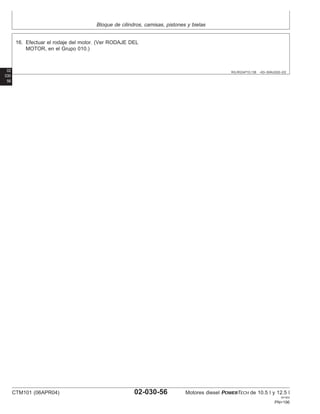 Bloque de cilindros, camisas, pistones y bielas
02
030
RG,RG34710,138 –63–30AUG02–2/2
16. Efectuar el rodaje del motor. (Ver RODAJE DEL
MOTOR, en el Grupo 010.)
56
CTM101 (06APR04) 02-030-56 Motores diesel POWERTECH de 10.5 l y 12.5 l
041904
PN=196
 