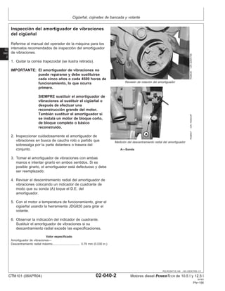 Cigüeñal, cojinetes de bancada y volante
02
040
2
RG,RG34710,149 –63–23OCT00–1/1
Inspección del amortiguador de vibraciones
del cigüeñal
RG8536
–UN–20MAY98
Revisión de rotación del amortiguador
RG8537
–UN–10DEC97
Medición del descentramiento radial del amortiguador
A—Sonda
Referirse al manual del operador de la máquina para los
intervalos recomendados de inspección del amortiguador
de vibraciones.
1. Quitar la correa trapezoidal (se ilustra retirada).
IMPORTANTE: El amortiguador de vibraciones no
puede repararse y debe sustituirse
cada cinco años o cada 4500 horas de
funcionamiento, lo que ocurra
primero.
SIEMPRE sustituir el amortiguador de
vibraciones al sustituir el cigüeñal o
después de efectuar una
reconstrucción grande del motor.
También sustituir el amortiguador si
se instala un motor de bloque corto,
de bloque completo o básico
reconstruido.
2. Inspeccionar cuidadosamente el amortiguador de
vibraciones en busca de caucho roto o partido que
sobresalga por la parte delantera o trasera del
conjunto.
3. Tomar el amortiguador de vibraciones con ambas
manos e intentar girarlo en ambos sentidos. Si es
posible girarlo, el amortiguador está defectuoso y debe
ser reemplazado.
4. Revisar el descentramiento radial del amortiguador de
vibraciones colocando un indicador de cuadrante de
modo que su sonda (A) toque el D.E. del
amortiguador.
5. Con el motor a temperatura de funcionamiento, girar el
cigüeñal usando la herramienta JDG820 para girar el
volante.
6. Observar la indicación del indicador de cuadrante.
Sustituir el amortiguador de vibraciones si su
descentramiento radial excede las especificaciones.
Valor especificado
Amortiguador de vibraciones—
Descentramiento radial máximo 0.76 mm (0.030 in.)
.................................
CTM101 (06APR04) 02-040-2 Motores diesel POWERTECH de 10.5 l y 12.5 l
041904
PN=198
 