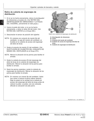 Cigüeñal, cojinetes de bancada y volante
02
040
6
RG,RG34710,153 –63–12SEP02–1/1
Retiro de cubierta de engranajes de
distribución
RG8178
–UN–05DEC97
Retiro de la cubierta de engranajes de distribución
A—Amortiguador de vibraciones
B—Cárter
C—Conjunto del mando del ventilador
D—Cubierta de acceso de engranaje del árbol de
levas
E—Cubierta de engranajes de distribución
1. Si no se ha hecho previamente, retirar el amortiguador
de vibraciones y la polea (A). (Ver RETIRO DEL
AMORTIGUADOR DE VIBRACIONES Y LA POLEA
DEL CIGÜEÑAL, previamente en este grupo.)
2. Vaciar el aceite del motor, si no se ha hecho
previamente, y retirar el cárter (B) del motor. (Ver
RETIRO DEL CARTER en el Grupo 060.)
3. Desconectar el sensor de posición del cigüeñal.
NOTA: En motores con conjunto de mando fijo del
ventilador, la caja del mando del ventilador va
fundida en la cubierta de acceso del engranaje
del árbol de levas.
4. Quitar el conjunto de mando (C) del ventilador. (Ver
SUSTITUCION DE COJINETES DEL CONJUNTO DE
MANDO DEL VENTILADOR en el Grupo 070.)
NOTA: Marcar la ubicación de los pernos para facilitar el
armado.
5. Quitar la cubierta de acceso (D) del engranaje del
árbol de levas de la cubierta de engranajes de
distribución. Marcar la ubicación de los pernos para
facilitar el armado.
6. Sacar los pernos restantes y quitar la cubierta de
engranajes de distribución. Marcar la ubicación de los
pernos para facilitar el armado.
NOTA: En motores con mando fijo del ventilador, habrá
que volver a colocar el perno inferior derecho
(bajo la polea) en la cavidad de la cubierta de
acceso del engranaje del árbol de levas antes de
colocar la polea. La polea, una vez colocada,
dificulta la colocación de este perno.
CTM101 (06APR04) 02-040-6 Motores diesel POWERTECH de 10.5 l y 12.5 l
041904
PN=202
 