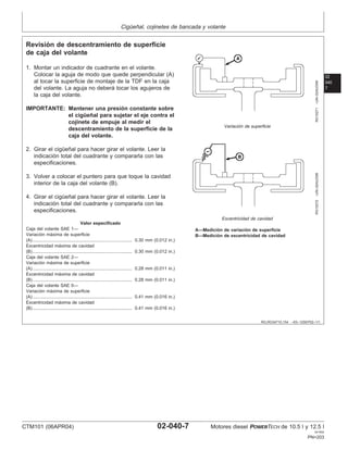 Cigüeñal, cojinetes de bancada y volante
02
040
7
RG,RG34710,154 –63–12SEP02–1/1
Revisión de descentramiento de superficie
de caja del volante
RG10271
–UN–02AUG99
Variación de superficie
RG10272
–UN–02AUG99
Excentricidad de cavidad
A—Medición de variación de superficie
B—Medición de excentricidad de cavidad
1. Montar un indicador de cuadrante en el volante.
Colocar la aguja de modo que quede perpendicular (A)
al tocar la superficie de montaje de la TDF en la caja
del volante. La aguja no deberá tocar los agujeros de
la caja del volante.
IMPORTANTE: Mantener una presión constante sobre
el cigüeñal para sujetar el eje contra el
cojinete de empuje al medir el
descentramiento de la superficie de la
caja del volante.
2. Girar el cigüeñal para hacer girar el volante. Leer la
indicación total del cuadrante y compararla con las
especificaciones.
3. Volver a colocar el puntero para que toque la cavidad
interior de la caja del volante (B).
4. Girar el cigüeñal para hacer girar el volante. Leer la
indicación total del cuadrante y compararla con las
especificaciones.
Valor especificado
Caja del volante SAE 1—
Variación máxima de superficie
(A) 0.30 mm (0.012 in.)
...............................................................................
Excentricidad máxima de cavidad
(B) 0.30 mm (0.012 in.)
...............................................................................
Caja del volante SAE 2—
Variación máxima de superficie
(A) 0.28 mm (0.011 in.)
...............................................................................
Excentricidad máxima de cavidad
(B) 0.28 mm (0.011 in.)
...............................................................................
Caja del volante SAE 0—
Variación máxima de superficie
(A) 0.41 mm (0.016 in.)
...............................................................................
Excentricidad máxima de cavidad
(B) 0.41 mm (0.016 in.)
...............................................................................
CTM101 (06APR04) 02-040-7 Motores diesel POWERTECH de 10.5 l y 12.5 l
041904
PN=203
 