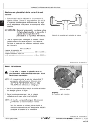 Cigüeñal, cojinetes de bancada y volante
02
040
8
RG,RG34710,155 –63–05SEP02–1/1
Revisión de planeidad de la superficie del
volante
R22213
–UN–14DEC88
Medición de planeidad de la superficie del volante
1. Montar la base de un indicador de cuadrante en la
caja del volante. Colocar la aguja de modo que toque
la superficie de montaje del anillo impulsor. No dejar
que la aguja toque los agujeros de montaje del anillo
impulsor.
IMPORTANTE: Mantener una presión constante sobre
el cigüeñal para sujetar el eje contra el
cojinete de empuje al medir la
planeidad de la superficie del volante.
2. Girar el cigüeñal para hacer girar el volante. Leer el
desplazamiento total en el indicador de cuadrante.
Rectificar la superficie del volante o sustituirlo según
sea necesario.
Valor especificado
Planeidad de la superficie del
volante—Variación máxima 0.23 mm (0.009 in.)
........................................
Variación máxima por 25 mm (1.0
in.) de recorrido 0.013 mm (0.0005 in.)
......................................................
RG,RG34710,156 –63–27JUL99–1/1
Retiro del volante
RG8134A
–UN–05DEC97
Retiro del volante
A—Pernos
B—Pasadores guı́a roscados
ATENCION: El volante es pesado. Usar un
procedimiento de levante adecuado para evitar
las lesiones personales.
NOTA: Es necesario retirar la caja del volante SAE 1
para poder retirar el volante del motor. (Ver
RETIRO E INSTALACION DE CAJA DEL
VOLANTE más adelante en este grupo.)
1. Sacar los dos pernos (A) que fijan el volante e instalar
dos espigas guı́a en su lugar.
2. Sacar los pernos restantes y tirar el volante
cuidadosamente para quitarlo del cigüeñal.
NOTA: Se pueden usar pasadores guı́a (B) roscados
para facilitar la manipulación del volante.
Una vez retirado el volante, puede usarse el
adaptador delantero de giro del cigüeñal JDG976
para girar el cigüeñal si es necesario.
CTM101 (06APR04) 02-040-8 Motores diesel POWERTECH de 10.5 l y 12.5 l
041904
PN=204
 