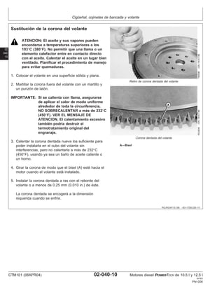 Cigüeñal, cojinetes de bancada y volante
02
040
10
RG,RG34710,158 –63–17DEC00–1/1
Sustitución de la corona del volante
T90596
–UN–14OCT88
Retiro de corona dentada del volante
RG3838
–UN–14OCT88
Corona dentada del volante
A—Bisel
ATENCION: El aceite y sus vapores pueden
encenderse a temperaturas superiores a los
193°C (380°F). No permitir que una llama o un
elemento calefactor entre en contacto directo
con el aceite. Calentar el aceite en un lugar bien
ventilado. Planificar el procedimiento de manejo
para evitar quemaduras.
1. Colocar el volante en una superficie sólida y plana.
2. Martillar la corona fuera del volante con un martillo y
un punzón de latón.
IMPORTANTE: Si se calienta con llama, asegurarse
de aplicar el calor de modo uniforme
alrededor de toda la circunferencia.
NO SOBRECALENTAR a más de 232°C
(450°F). VER EL MENSAJE DE
ATENCION. El calentamiento excesivo
también podrı́a destruir el
termotratamiento original del
engranaje.
3. Calentar la corona dentada nueva los suficiente para
poder instalarla en el cubo del volante sin
interferencias, pero no calentarla a más de 232°C
(450°F), usando ya sea un baño de aceite caliente o
un horno.
4. Girar la corona de modo que el bisel (A) esté hacia el
motor cuando el volante está instalado.
5. Instalar la corona dentada a ras con el reborde del
volante o a menos de 0.25 mm (0.010 in.) de éste.
La corona dentada se encogerá a la dimensión
requerida cuando se enfrı́e.
CTM101 (06APR04) 02-040-10 Motores diesel POWERTECH de 10.5 l y 12.5 l
041904
PN=206
 
