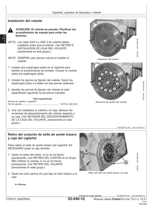 Cigüeñal, cojinetes de bancada y volante
02
040
12
RG,RG34710,160 –63–27JUL99–1/1
Instalación del volante
RG8134
–UN–21MAY98
Instalación del volante
RG10248
–UN–30JUL99
Secuencia de apriete del volante
ATENCION: El volante es pesado. Planificar los
procedimiento de manejo para evitar las
lesiones.
NOTA: Las cajas SAE 0 y SAE 2 de volante deben
instalarse antes que el volante. (Ver RETIRO E
INSTALACION DE CAJA DEL VOLANTE,
previamente en este grupo.)
NOTA: SIEMPRE usar pernos nuevos al instalar el
volante.
1. Instalar dos espárragos piloto en el cigüeñal para
facilitar el procedimiento de armado. Colocar el volante
sobre los espárragos piloto.
2. Instalar los pernos de fijación del volante. Sacar los
espárragos piloto e instalar los dos pernos restantes.
3. Apretar los pernos de fijación del volante al valor
especificado siguiendo la secuencia indicada.
Valor especificado
Pernos de volante a cigüeñal—
Par de apriete 130 N•m (96 lb-ft)
................................................................
4. Una vez instalados el volante y la caja, efectuar las
revisiones de descentramiento del volante respecto a
su caja. (Ver REVISION DEL DESCENTRAMIENTO
DE LA CAJA DEL VOLANTE, previamente en este
grupo.)
RG,RG34710,161 –63–13AUG99–1/4
Retiro del conjunto de sello de aceite trasero
y caja del cigüeñal RG8291
–UN–06DEC97
Retiro del sello de aceite trasero y la caja
A—Pernos
Parar retirar el sello de aceite trasero del cigüeñal, ES
NECESARIO quitar la caja también.
1. Quitar el cárter del motor, si no se ha hecho
previamente. (Ver RETIRO DEL CARTER en el Grupo
060.) Retirar el volante, si no se ha hecho
previamente. (Ver RETIRO DEL VOLANTE
previamente en este grupo.)
2. Sacar los ocho pernos (A) que fijan el sello trasero a la
caja.
CTM101 (06APR04) 02-040-12 Motores diesel POWERTECH de 10.5 l y 12.5 l
041904
PN=208
Continúa en la pág. siguiente
 