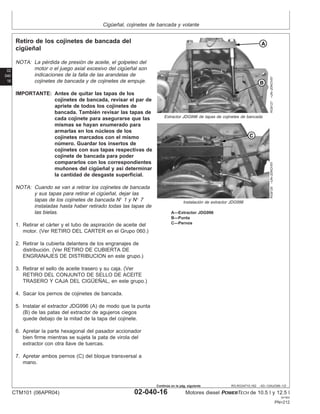 Cigüeñal, cojinetes de bancada y volante
02
040
16
RG,RG34710,162 –63–13AUG99–1/2
Retiro de los cojinetes de bancada del
cigüeñal
RG8127
–UN–20NOV97
Extractor JDG996 de tapas de cojinetes de bancada
RG8126
–UN–20NOV97
Instalación de extractor JDG996
A—Extractor JDG996
B—Punta
C—Pernos
NOTA: La pérdida de presión de aceite, el golpeteo del
motor o el juego axial excesivo del cigüeñal son
indicaciones de la falla de las arandelas de
cojinetes de bancada y de cojinetes de empuje.
IMPORTANTE: Antes de quitar las tapas de los
cojinetes de bancada, revisar el par de
apriete de todos los cojinetes de
bancada. También revisar las tapas de
cada cojinete para asegurarse que las
mismas se hayan enumerado para
armarlas en los núcleos de los
cojinetes marcados con el mismo
número. Guardar los insertos de
cojinetes con sus tapas respectivas de
cojinete de bancada para poder
compararlos con los correspondientes
muñones del cigüeñal y ası́ determinar
la cantidad de desgaste superficial.
NOTA: Cuando se van a retirar los cojinetes de bancada
y sus tapas para retirar el cigüeñal, dejar las
tapas de los cojinetes de bancada N° 1 y N° 7
instaladas hasta haber retirado todas las tapas de
las bielas.
1. Retirar el cárter y el tubo de aspiración de aceite del
motor. (Ver RETIRO DEL CARTER en el Grupo 060.)
2. Retirar la cubierta delantera de los engranajes de
distribución. (Ver RETIRO DE CUBIERTA DE
ENGRANAJES DE DISTRIBUCION en este grupo.)
3. Retirar el sello de aceite trasero y su caja. (Ver
RETIRO DEL CONJUNTO DE SELLO DE ACEITE
TRASERO Y CAJA DEL CIGÜEÑAL, en este grupo.)
4. Sacar los pernos de cojinetes de bancada.
5. Instalar el extractor JDG996 (A) de modo que la punta
(B) de las patas del extractor de agujeros ciegos
quede debajo de la mitad de la tapa del cojinete.
6. Apretar la parte hexagonal del pasador accionador
bien firme mientras se sujeta la pata de virola del
extractor con otra llave de tuercas.
7. Apretar ambos pernos (C) del bloque transversal a
mano.
CTM101 (06APR04) 02-040-16 Motores diesel POWERTECH de 10.5 l y 12.5 l
041904
PN=212
Continúa en la pág. siguiente
 