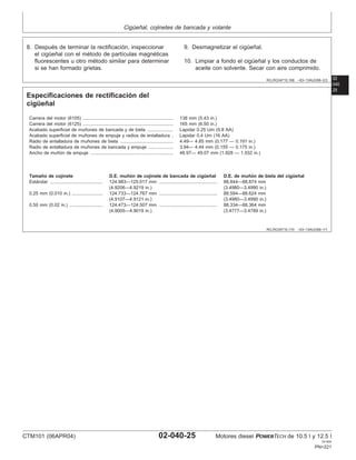 Cigüeñal, cojinetes de bancada y volante
02
040
RG,RG34710,168 –63–13AUG99–2/2
8. Después de terminar la rectificación, inspeccionar
el cigüeñal con el método de partı́culas magnéticas
fluorescentes u otro método similar para determinar
si se han formado grietas.
9. Desmagnetizar el cigüeñal.
10. Limpiar a fondo el cigüeñal y los conductos de
aceite con solvente. Secar con aire comprimido.
25
RG,RG34710,170 –63–13AUG99–1/1
Especificaciones de rectificación del
cigüeñal
Carrera del motor (6105) ...................................................................... 138 mm (5.43 in.)
Carrera del motor (6125) ...................................................................... 165 mm (6.50 in.)
Acabado superficial de muñones de bancada y de biela .................... Lapidar 0.25 Um (9.8 AA)
Acabado superficial de muñones de empuje y radios de entalladura . Lapidar 0.4 Um (16 AA)
Radio de entalladura de muñones de biela ......................................... 4.49— 4.85 mm (0.177 — 0.191 in.)
Radio de entalladura de muñones de bancada y empuje ................... 3.94— 4.44 mm (0.155 — 0.175 in.)
Ancho de muñón de empuje ................................................................ 48.97— 49.07 mm (1.928 — 1.932 in.)
Tamaño de cojinete D.E. muñón de cojinete de bancada de cigüeñal D.E. de muñón de biela del cigüeñal
Estándar ......................................... 124.983—125.017 mm ............................................. 88.844—88.874 mm
(4.9206—4.9219 in.) (3.4980—3.4990 in.)
0.25 mm (0.010 in.) ........................ 124.733—124.767 mm ............................................. 88.594—88.624 mm
(4.9107—4.9121 in.) (3.4980—3.4990 in.)
0.50 mm (0.02 in.) .......................... 124.473—124.507 mm ............................................. 88.334—88.364 mm
(4.9005—4.9019 in.) (3.4777—3.4789 in.)
CTM101 (06APR04) 02-040-25 Motores diesel POWERTECH de 10.5 l y 12.5 l
041904
PN=221
 