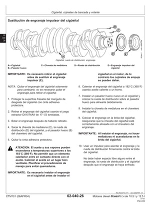 Cigüeñal, cojinetes de bancada y volante
02
040
26
RG,RG34710,171 –63–30SEP97–1/1
Sustitución de engranaje impulsor del cigüeñal
RG8411
–UN–19MAY98
Cigüeñal, rueda de distribución, engranaje
A—Cigüeñal C—Chaveta de medialuna D—Rueda de distribución E—Engranaje impulsor del
B—Pasador hueco cigüeñal
IMPORTANTE: Es necesario retirar el cigüeñal
antes de sustituir el engranaje
impulsor (E).
NOTA: Quitar el engranaje del cigüeñal solamente
para cambiarlo; no es necesario quitar el
engranaje para retirar el cigüeñal.
1. Proteger la superficie fresada del manguito de
desgaste del cigüeñal con cinta adhesiva
protectora.
2. Retirar el engranaje del cigüeñal usando el juego
extractor D01074AA de 17-1/2 toneladas.
3. Botar el engranaje después de haberlo retirado.
4. Sacar la chaveta de medialuna (C), la rueda de
distribución (D) del cigüeñal, y el pasador hueco (B)
del chavetero del cigüeñal.
5. Quitar la cinta adhesiva protectora.
ATENCION: El aceite y sus vapores pueden
encenderse a temperaturas superiores a los
193°C (380°F). No permitir que un elemento
calefactor entre en contacto directo con el
aceite. Calentar el aceite en un lugar bien
ventilado. Planificar el procedimiento de
manejo para evitar quemaduras.
IMPORTANTE: Es necesario instalar el engranaje
en el cigüeñal antes de instalar el
cigüeñal en el motor, de lo
contrario los cojinetes de empuje
se pueden dañar.
6. Calentar el engranaje del cigüeñal a 182°C (360°F)
usando aceite caliente o un horno.
7. Instalar un pasador hueco nuevo en el cigüeñal y
colocar la rueda de distribución sobre el pasador
hueco para alinearla debidamente.
8. Instalar la chaveta de medialuna en el chavetero
del cigüeñal.
9. Colocar el engranaje en la brida del cigüeñal.
Asegurarse que la chaveta del cigüeñal esté
correctamente alineada con el chavetero del
engranaje.
IMPORTANTE: Al instalar el engranaje, no hacer
melladuras ni acanaladuras en la
brida del cigüeñal.
10. Usar un impulsor para asentar el engranaje y la
rueda de distribución firmemente contra la brida
del cigüeñal.
No debe haber espacio libre alguno entre el
engranaje, la rueda de distribución y el cigüeñal
después que el engranaje se haya enfriado.
CTM101 (06APR04) 02-040-26 Motores diesel POWERTECH de 10.5 l y 12.5 l
041904
PN=222
 