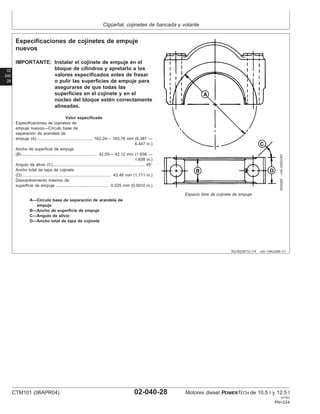 Cigüeñal, cojinetes de bancada y volante
02
040
28
RG,RG34710,174 –63–13AUG99–1/1
Especificaciones de cojinetes de empuje
nuevos
RG5269
–UN–20NOV97
Espacio libre de cojinete de empuje
A—Cı́rculo base de separación de arandela de
empuje
B—Ancho de superficie de empuje
C—Angulo de alivio
D—Ancho total de tapa de cojinete
IMPORTANTE: Instalar el cojinete de empuje en el
bloque de cilindros y apretarlo a los
valores especificados antes de fresar
o pulir las superficies de empuje para
asegurarse de que todas las
superficies en el cojinete y en el
núcleo del bloque estén correctamente
alineadas.
Valor especificado
Especificaciones de cojinetes de
empuje nuevos—Cı́rculo base de
separación de arandela de
empuje (A) 162.24— 163.76 mm (6.387 —
6.447 in.)
................................................
Ancho de superficie de empuje
(B) 42.05— 42.12 mm (1.656 —
1.658 in.)
.................................................................
Angulo de alivio (C) 45°
...............................................................................
Ancho total de tapa de cojinete
(D) 43.46 mm (1.711 in.)
.............................................................................
Descentramiento máximo de
superficie de empuje 0.025 mm (0.0010 in.)
..............................................
CTM101 (06APR04) 02-040-28 Motores diesel POWERTECH de 10.5 l y 12.5 l
041904
PN=224
 