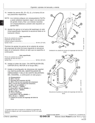 Cigüeñal, cojinetes de bancada y volante
02
040
38
RG,RG34710,179 –63–05SEP02–5/6
RG10268
–UN–05NOV99
Instalación de cubierta de acceso de engranaje del árbol de
levas
RG8811
–UN–20MAY98
Secuencia de apriete de cubierta del engranaje del árbol de
levas
A—Empaquetadura
B—M10 x 110 mm
C—Escuadra del compresor del A/A
D—M10 x 130 mm (con escuadra del compresor)
M10 x 110 mm (sin escuadra del compresor)
E—M10 x 30 mm (005482— )
M10 x 100 mm ( — 005481)
F—Perno M10 x 100 mm (005482— )
M120 x 30 mm ( —005481)
G—M10 x 100 mm
H—Tuerca embridada
I—Perno M10 x 100 mm (005482— )
M10 x 30 mm ( — 005481)
J—Cubierta de acceso de engranaje del árbol de
levas
14. Instalar los pernos (B), (D—G), (I), y la tuerca (H) en
sus posiciones respectivas.
NOTA: Los motores antiguos con empaquetadura Fel-Pro
y pasta selladora requieren seguir una secuencia
de apriete inicial y final. Los motores recientes
con empaquetaduras a presión sólo requieren un
apriete final.
15. Apretar los pernos (y la tuerca del espárrago) al valor
inicial especificado, siguiendo la secuencia dada en la
ilustración inferior.
Valor especificado
Pernos de cubierta de acceso a
engranaje del árbol de levas
(motores antiguos solamente)1
—
Apriete inicial 50 N•m (37 lb-ft)
...................................................................
Terminar de apretar los pernos de la cubierta de acceso
del engranaje del árbol de levas (siguiendo la secuencia
dada en la ilustración inferior) al valor que se especifica a
continuación.
Valor especificado
Pernos de cubierta de acceso de
engranaje del árbol de levas—
Apriete final 68 N•m (50 lb-ft)
......................................................................
16. Instalar el cárter del motor. (Ver INSTALACION DEL
CARTER EN EL MOTOR en el Grupo 060.)
17. Instalar el amortiguador de vibraciones del cigüeñal.
(Ver INSTALACION DEL AMORTIGUADOR DE
VIBRACIONES Y SELLO DE ACEITE DELANTERO
DEL CIGÜEÑAL, a continuación en este grupo.)
1
El apriete inicial sólo se requiere en cubiertas de engranajes de
distribución antiguas que usan empaquetaduras Fel-Pro con pasta
selladora.
CTM101 (06APR04) 02-040-38 Motores diesel POWERTECH de 10.5 l y 12.5 l
041904
PN=234
Continúa en la pág. siguiente
 