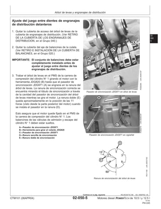 Arbol de levas y engranajes de distribución
02
050
5
RG,RG34710,190 –63–19SEP02–1/6
Ajuste del juego entre dientes de engranajes
de distribución delanteros
RG8228A
–UN–05DEC97
Pasador de sincronización JDG971 en árbol de levas
RG8227D
–UN–05DEC97
Pasador de sincronización JDG971 en cigüeñal
RG11165
–UN–30OCT00
Ranura de sincronización del árbol de levas
A—Pasador de sincronización JDG971
B—Herramienta para girar el volante JDG820
C—Pasador de sincronización JDG971
D—Ranura sencilla de sincronización
E—Ranura doble de sincronización
1. Quitar la cubierta de acceso del árbol de levas de la
cubierta de engranajes de distribución. (Ver RETIRO
DE LA CUBIERTA DE LOS ENGRANAJES DE
DISTRIBUCION, en el Grupo 040.)
2. Quitar la cubierta del eje de balancines de la culata.
(Ver RETIRO E INSTALACION DE LA CUBIERTA DE
BALANCINES, en el Grupo 020.)
IMPORTANTE: El conjunto de balancines debe estar
completamente instalado antes de
ajustar el juego entre dientes de los
engranajes de distribución.
3. Trabar el árbol de levas en el PMS de la carrera de
compresión del cilindro N° 1 girando el motor con la
herramienta JDG820 (B) hasta que el pasador de
sincronización JDG971 (A) se engrane en la ranura del
árbol de levas. La ranura de sincronización correcta se
encuentra mirando el lóbulo de sincronización a través
de la cavidad del pasador de sincronización del árbol
de levas mientras se gira el motor. La ranura doble (E)
queda aproximadamente en la posición de las 11
horas (visto desde la parte posterior del motor) cuando
se instala el pasador en la ranura (D).
Esto asegura que el motor quede fijado en el PMS de
la carrera de compresión del cilindro N° 1. Los
balancines de las válvulas de admisión y escape del
cilindro N° 1 deben estar sueltos.
CTM101 (06APR04) 02-050-5 Motores diesel POWERTECH de 10.5 l y 12.5 l
041904
PN=245
Continúa en la pág. siguiente
 