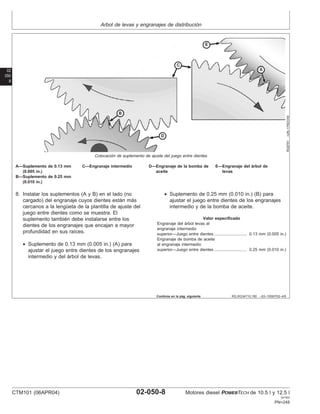 Arbol de levas y engranajes de distribución
02
050
8
RG,RG34710,190 –63–19SEP02–4/6
RG8791
–UN–17NOV00
Colocación de suplemento de ajuste del juego entre dientes
A—Suplemento de 0.13 mm C—Engranaje intermedio D—Engranaje de la bomba de E—Engranaje del árbol de
(0.005 in.) aceite levas
B—Suplemento de 0.25 mm
(0.010 in.)
8. Instalar los suplementos (A y B) en el lado (no
cargado) del engranaje cuyos dientes están más
cercanos a la lengüeta de la plantilla de ajuste del
juego entre dientes como se muestra. El
suplemento también debe instalarse entre los
dientes de los engranajes que encajan a mayor
profundidad en sus raı́ces.
• Suplemento de 0.13 mm (0.005 in.) (A) para
ajustar el juego entre dientes de los engranajes
intermedio y del árbol de levas.
• Suplemento de 0.25 mm (0.010 in.) (B) para
ajustar el juego entre dientes de los engranajes
intermedio y de la bomba de aceite.
Valor especificado
Engranaje del árbol levas al
engranaje intermedio
superior—Juego entre dientes 0.13 mm (0.005 in.)
............................
Engranaje de bomba de aceite
al engranaje intermedio
superior—Juego entre dientes 0.25 mm (0.010 in.)
............................
Continúa en la pág. siguiente
CTM101 (06APR04) 02-050-8 Motores diesel POWERTECH de 10.5 l y 12.5 l
041904
PN=248
 