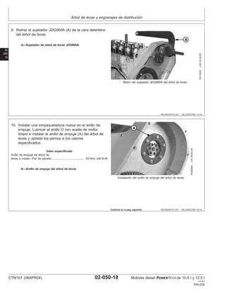 Arbol de levas y engranajes de distribución
02
050
18
RG,RG34710,191 –63–25OCT00–11/14
RG10243
–UN–30JUL99
Retiro del sujetador JDG969A del árbol de levas
A—Sujetador de árbol de levas JDG969A
9. Retirar el sujetador JDG969A (A) de la cara delantera
del árbol de levas.
RG,RG34710,191 –63–25OCT00–12/14
RG8286A
–UN–06DEC97
Instalación del anillo de empuje del árbol de levas
A—Anillo de empuje del árbol de levas
10. Instalar una empaquetadura nueva en el anillo de
empuje. Lubricar el anillo O con aceite de motor
limpio e instalar el anillo de empuje (A) del árbol de
levas y apretar los pernos a los valores
especificados.
Valor especificado
Anillo de empuje de árbol de
levas a culata—Par de apriete 35 N•m (26 lb-ft)
........................................
Continúa en la pág. siguiente
CTM101 (06APR04) 02-050-18 Motores diesel POWERTECH de 10.5 l y 12.5 l
041904
PN=258
 