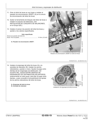 Arbol de levas y engranajes de distribución
02
050
19
RG,RG34710,191 –63–25OCT00–13/14
RG8228A
–UN–05DEC97
Pasador de sincronización JDG691 en árbol de levas
A—Pasador de sincronización JDG971
11. Girar el árbol de levas en sus bujes e instalar el
pasador de sincronización JDG971 (A) en la ranura
de sincronización del árbol de levas.
12. Quitar la herramienta de bloqueo del árbol de levas e
instalar el conjunto de balancines. (Ver
INSTALACION DE CONJUNTO DE BALANCINES,
en el Grupo 020.)
13. Instalar el sensor de posición del árbol de levas y
apretar a los valores especificados.
Valor especificado
Sensor de posición del árbol de
levas—Par de apriete 14 N•m (10 lb-ft)
......................................................
RG,RG34710,191 –63–25OCT00–14/14
RG8251B
–UN–06DEC97
Instalación de engranaje del árbol de levas
A—Engranaje del árbol de levas
B—Arandela de retenedor
14. Instalar el engranaje del árbol de levas (A) y la
arandela de retenedor (B). Instalar los pernos
retenedores y apretar a mano. Ajustar el juego entre
dientes de los engranajes de distribución. Ver
AJUSTE DEL JUEGO ENTRE DIENTES DE
ENGRANAJES DE DISTRIBUCION DELANTEROS,
anteriormente en este grupo, para fijar el juego entre
dientes, y para consultar el procedimiento de apriete
de los pernos retenedores del árbol de levas.
CTM101 (06APR04) 02-050-19 Motores diesel POWERTECH de 10.5 l y 12.5 l
041904
PN=259
 
