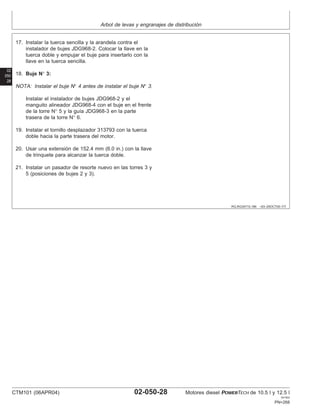 Arbol de levas y engranajes de distribución
02
050
28
RG,RG34710,196 –63–25OCT00–7/7
17. Instalar la tuerca sencilla y la arandela contra el
instalador de bujes JDG968-2. Colocar la llave en la
tuerca doble y empujar el buje para insertarlo con la
llave en la tuerca sencilla.
18. Buje N° 3:
NOTA: Instalar el buje N° 4 antes de instalar el buje N° 3.
Instalar el instalador de bujes JDG968-2 y el
manguito alineador JDG968-4 con el buje en el frente
de la torre N° 5 y la guı́a JDG968-3 en la parte
trasera de la torre N° 6.
19. Instalar el tornillo desplazador 313793 con la tuerca
doble hacia la parte trasera del motor.
20. Usar una extensión de 152.4 mm (6.0 in.) con la llave
de trinquete para alcanzar la tuerca doble.
21. Instalar un pasador de resorte nuevo en las torres 3 y
5 (posiciones de bujes 2 y 3).
CTM101 (06APR04) 02-050-28 Motores diesel POWERTECH de 10.5 l y 12.5 l
041904
PN=268
 