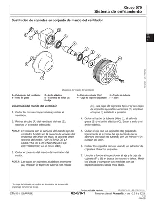 Grupo 070
Sistema de enfriamiento
02
070
1
RG,RG34710,224 –63–17SEP02–1/5
Sustitución de cojinetes en conjunto de mando del ventilador
RG12423
–UN–17SEP02
Despiece del mando del ventilador
A—Cubo/polea del ventilador C—Anillo elástico F—Caja de cojinete (fijo)1
H—Tapón de tuberı́a
B—Sello de grasa D—Cojinetes de bolas (2) G—Caja de cojinete (ajustable) I—Tapón
E—Eje
Desarmado del mando del ventilador
1. Quitar las correas trapezoidales y retirar el
ventilador.
2. Retirar el cubo (A) del ventilador del eje (E),
usando un extractor adecuado.
NOTA: En motores con el conjunto del mando fijo del
ventilador fundido en la cubierta de acceso del
engranaje del árbol de levas, la cubierta debe
retirarse del motor. (Ver RETIRO DE LA
CUBIERTA DE LOS ENGRANAJES DE
DISTRIBUCION, en el Grupo 040.)
3. Quitar el conjunto del mando del ventilador del
motor.
NOTA: Las cajas de cojinetes ajustables anteriores
(G) emplean el tapón de tuberı́a con roscas
(H). Las cajas de cojinetes fijos (F) y las cajas
de cojinetes ajustables recientes (G) emplean
el tapón (I) instalado a presión.
4. Quitar el tapón de tuberı́a (H) o (I), el sello de
grasa (B) y el anillo elástico (C). Botar el sello y el
anillo elástico.
5. Quitar el eje con sus cojinetes (D) golpeando
ligeramente el extremo del eje (a través de la
abertura del tapón de tuberı́a) con un martillo y un
punzón de latón.
6. Retirar los cojinetes del eje usando un extractor de
cojinetes. Botar los cojinetes.
7. Limpiar a fondo e inspeccionar el eje y la caja de
cojinete (F o G) en busca de roturas y daños. Medir
las piezas y comparar sus medidas con las
especificaciones dadas más abajo.
1
La caja del cojinete va fundida en la cubierta de acceso del
engranaje del árbol de levas.
CTM101 (06APR04) 02-070-1 Motores diesel POWERTECH de 10.5 l y 12.5 l
041904
PN=291
Continúa en la pág. siguiente
 