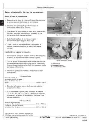 Sistema de enfriamiento
02
070
14
RG,RG34710,235 –63–17SEP02–1/1
Retiro e instalación de caja de termostatos
RG8239C
–UN–05DEC97
Caja de termostatos instalada
RG8241
–UN–05DEC97
Caja de termostatos retirada
A—Pernos (3)
B—Lı́nea de retorno
C—Adaptador de salida
Retiro de caja de termostatos
1. Desconectar la lı́nea de retorno (B) de enfriamiento de
la camisa superior de la caja de termostatos.
2. Sacar los tres pernos (A) que fijan la caja de
termostatos al bloque de cilindros.
3. Tirar la caja de termostatos en lı́nea recta para sacarla
del motor y soltarla del adaptador de salida (C) de
enfriamiento de la camisa superior.
4. Soltar la abrazadera de la manguera para
desconectarla de la boquilla de la caja.
5. Quitar y botar la empaquetadura. Limpiar todo el
material de empaquetadura de las superficies de
montaje.
Instalación de caja de termostatos
1. Aplicar aceite limpio de motor al anillo O del adaptador
de salida de enfriamiento de la camisa superior.
2. Colocar la caja de termostato en el motor usando una
empaquetadura nueva. Asegurarse que la caja quede
firmemente asentada en el anillo O del adaptador de la
camisa de enfriamiento.
3. Instalar los pernos de montaje y apretarlos al valor
especificado.
Valor especificado
Pernos de cubierta de
termostatos/conjunto de caja al
bloque de cilindros—Par de
apriete 50 N•m (37 lb-ft)
..............................................................................
4. Conectar la lı́nea de retorno de la camisa superior y
apretarla bien firme.
5. Si se ha retirado, aplicar pasta selladora de tuberı́a
LOCTITE
592 con TEFLON
(TY9480) a los tapones
de tuberı́a y al sensor de temperatura y apretar a los
valores siguientes.
Valor especificado
Sensor de temperatura del
refrigerante—Par de apriete 10 N•m (7.5 lb-ft)
...........................................
Tapones de tuberı́a de la caja de
termostatos—Par de apriete 20 N•m (15 lb-ft)
...........................................
LOCTITE es una marca registrada de Loctite Corp.
TEFLON es una marca registrada de Du Pont Co.
CTM101 (06APR04) 02-070-14 Motores diesel POWERTECH de 10.5 l y 12.5 l
041904
PN=304
 