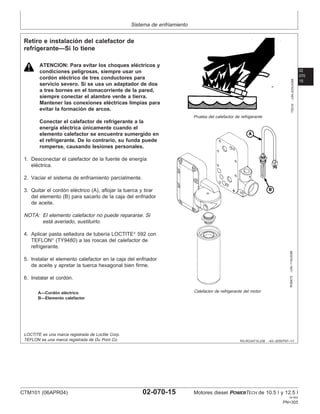 Sistema de enfriamiento
02
070
15
RG,RG34710,236 –63–30SEP97–1/1
Retiro e instalación del calefactor de
refrigerante—Si lo tiene
TS210
–UN–23AUG88
Prueba del calefactor de refrigerante
RG8472
–UN–11AUG99
Calefactor de refrigerante del motor
A—Cordón eléctrico
B—Elemento calefactor
ATENCION: Para evitar los choques eléctricos y
condiciones peligrosas, siempre usar un
cordón eléctrico de tres conductores para
servicio severo. Si se usa un adaptador de dos
a tres bornes en el tomacorriente de la pared,
siempre conectar el alambre verde a tierra.
Mantener las conexiones eléctricas limpias para
evitar la formación de arcos.
Conectar el calefactor de refrigerante a la
energı́a eléctrica únicamente cuando el
elemento calefactor se encuentra sumergido en
el refrigerante. De lo contrario, su funda puede
romperse, causando lesiones personales.
1. Desconectar el calefactor de la fuente de energı́a
eléctrica.
2. Vaciar el sistema de enfriamiento parcialmente.
3. Quitar el cordón eléctrico (A), aflojar la tuerca y tirar
del elemento (B) para sacarlo de la caja del enfriador
de aceite.
NOTA: El elemento calefactor no puede repararse. Si
está averiado, sustituirlo.
4. Aplicar pasta selladora de tuberı́a LOCTITE
592 con
TEFLON
(TY9480) a las roscas del calefactor de
refrigerante.
5. Instalar el elemento calefactor en la caja del enfriador
de aceite y apretar la tuerca hexagonal bien firme.
6. Instalar el cordón.
LOCTITE es una marca registrada de Loctite Corp.
TEFLON es una marca registrada de Du Pont Co.
CTM101 (06APR04) 02-070-15 Motores diesel POWERTECH de 10.5 l y 12.5 l
041904
PN=305
 