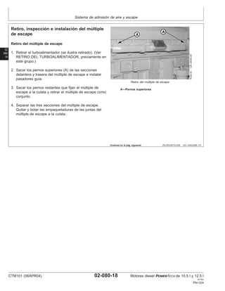Sistema de admisión de aire y escape
02
080
18
RG,RG34710,249 –63–13AUG99–1/3
Retiro, inspección e instalación del múltiple
de escape
RG8130
–UN–05DEC97
Retiro del múltiple de escape
A—Pernos superiores
Retiro del múltiple de escape
1. Retirar el turboalimentador (se ilustra retirado). (Ver
RETIRO DEL TURBOALIMENTADOR, previamente en
este grupo.)
2. Sacar los pernos superiores (A) de las secciones
delantera y trasera del múltiple de escape e instalar
pasadores guı́a.
3. Sacar los pernos restantes que fijan el múltiple de
escape a la culata y retirar el múltiple de escape como
conjunto.
4. Separar las tres secciones del múltiple de escape.
Quitar y botar las empaquetaduras de las juntas del
múltiple de escape a la culata.
Continúa en la pág. siguiente
CTM101 (06APR04) 02-080-18 Motores diesel POWERTECH de 10.5 l y 12.5 l
041904
PN=324
 
