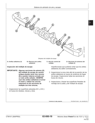 Sistema de admisión de aire y escape
02
080
19
RG,RG34710,249 –63–13AUG99–2/3
RG8131
–UN–05DEC97
Despiece del múltiple de escape
A—Anillos selladores (4) B—Ranuras para anillos C—Sección central del D—Secciones de extremos del
selladores múltiple múltiple (2)
Inspección del múltiple de escape
IMPORTANTE: Algunas secciones de extremo (D)
del múltiple de escape de versión
antigua pueden tener tres ranuras
(B) y pueden haberse armado con
un solo anillo sellador. SIEMPRE
usar dos anillos selladores al armar
el motor y utilizar las ranuras
exteriores en las secciones de
múltiple con tres ranuras.
1. Inspeccionar las superficies adosadas (D.I. y D.E.)
en busca de rebabas, roturas y otras
imperfecciones que pudieran evitar que los anillos
selladores (A) sellen correctamente.
2. Inspeccionar la zona más allá de la posición de los
anillos selladores en busca de evidencia de fugas
de escape. Inspeccionar todas las secciones en
busca de roturas.
3. Inspeccionar y limpiar las superficies fresadas de
montaje de la culata y del múltiple de escape.
Continúa en la pág. siguiente
CTM101 (06APR04) 02-080-19 Motores diesel POWERTECH de 10.5 l y 12.5 l
041904
PN=325
 