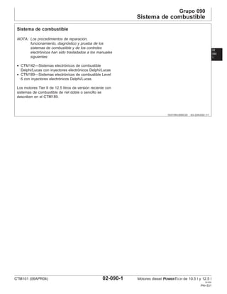 Grupo 090
Sistema de combustible
02
090
1
OUO1004,0000C2D –63–23AUG02–1/1
Sistema de combustible
NOTA: Los procedimientos de reparación,
funcionamiento, diagnóstico y prueba de los
sistemas de combustible y de los controles
electrónicos han sido trasladados a los manuales
siguientes:
• CTM142—Sistemas electrónicos de combustible
Delphi/Lucas con inyectores electrónicos Delphi/Lucas
• CTM189—Sistemas electrónicos de combustible Level
6 con inyectores electrónicos Delphi/Lucas
Los motores Tier II de 12.5 litros de versión reciente con
sistemas de combustible de riel doble o sencillo se
describen en el CTM189.
CTM101 (06APR04) 02-090-1 Motores diesel POWERTECH de 10.5 l y 12.5 l
041904
PN=331
 