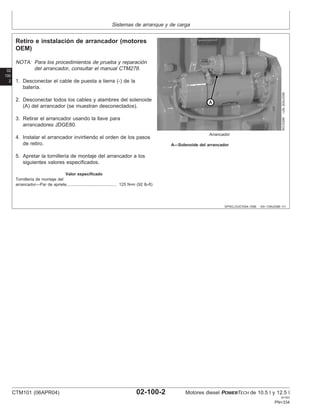 Sistemas de arranque y de carga
02
100
2
DPSG,OUO1004,1006 –63–13AUG99–1/1
Retiro e instalación de arrancador (motores
OEM)
RG10285
–UN–20AUG99
Arrancador
A—Solenoide del arrancador
NOTA: Para los procedimientos de prueba y reparación
del arrancador, consultar el manual CTM278.
1. Desconectar el cable de puesta a tierra (-) de la
baterı́a.
2. Desconectar todos los cables y alambres del solenoide
(A) del arrancador (se muestran desconectados).
3. Retirar el arrancador usando la llave para
arrancadores JDGE80.
4. Instalar el arrancador invirtiendo el orden de los pasos
de retiro.
5. Apretar la tornillerı́a de montaje del arrancador a los
siguientes valores especificados.
Valor especificado
Tornillerı́a de montaje del
arrancador—Par de apriete 125 N•m (92 lb-ft)
...........................................
CTM101 (06APR04) 02-100-2 Motores diesel POWERTECH de 10.5 l y 12.5 l
041904
PN=334
 