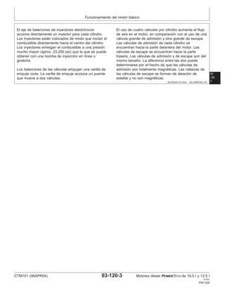 Funcionamiento del motor básico
03
120
3
RG,RG34710,1518 –63–09SEP02–3/3
El eje de balancines de inyectores electrónicos
acciona directamente un inyector para cada cilindro.
Los inyectores están colocados de modo que rocı́an el
combustible directamente hacia el centro del cilindro.
Los inyectores entregan el combustible a una presión
mucho mayor (aprox. 23,200 psi) que la que se puede
obtener con una bomba de inyección en lı́nea o
giratoria.
Los balancines de las válvulas empujan una varilla de
empuje corta. La varilla de empuje acciona un puente
que mueve a dos válvulas.
El uso de cuatro válvulas por cilindro aumenta el flujo
de aire en el motor, en comparación con el uso de una
válvula grande de admisión y otra grande de escape.
Las válvulas de admisión de cada cilindro se
encuentran hacia la parte delantera del motor. Las
válvulas de escape se encuentran hacia la parte
trasera. Las válvulas de admisión y de escape son del
mismo tamaño. La diferencia entre las dos puede
determinarse por el hecho de que las válvulas de
admisión son totalmente magnéticas. Las cabezas de
las válvulas de escape se forman de aleación de
estelita y no son magnéticas.
CTM101 (06APR04) 03-120-3 Motores diesel POWERTECH de 10.5 l y 12.5 l
041904
PN=339
 