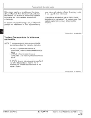 Funcionamiento del motor básico
03
120
10 RG,RG34710,1521 –63–09SEP02–3/3
El termostato superior no tiene bloqueo. Cuando se
abre, el refrigerante fluye al radiador. Esta unidad sin
bloqueo tiene una muesca de ventilación que permite
la purga del aire cuando se llena el sistema de
enfriamiento.
En motores con posenfriador agua-aire, el refrigerante
pasa por una lı́nea externa (I) hacia el posenfriador y
luego retorna a la caja del enfriador de aceite a través
de una segunda lı́nea externa (J).
El refrigerante también fluye por los conductos (O)
alrededor de los manguitos (P) de los inyectores. Esto
ayuda a regular la temperatura del combustible
inyectado.
OUO1004,0000C29 –63–09SEP02–1/1
Teorı́a de funcionamiento del sistema de
combustible
NOTA: El funcionamiento del sistema de combustible
ahora se describe en los manuales siguientes:
• CTM142—Sistemas electrónicos de
combustible Lucas con inyectores electrónicos
Lucas
• CTM189—Sistemas electrónicos de
combustible Level 6 con inyectores electrónicos
Lucas
El CTM142 describe los motores anteriores Tier I
y el CTM 189 describe los motores Tier II
recientes (con sistemas de combustible de riel
simple o doble.)
CTM101 (06APR04) 03-120-10 Motores diesel POWERTECH de 10.5 l y 12.5 l
041904
PN=346
 