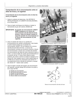 Diagnóstico y pruebas observables
04
150
23
DPSG,RG40854,357 –63–06NOV00–1/2
Comprobación de la sincronización entre el
árbol de levas y el cigüeñal
RG8228A
–UN–05DEC97
Pasador de sincronización JDG971 en árbol de levas
RG8227D
–UN–05DEC97
Pasador de sincronización JDG971 en cigüeñal
RG11165
–UN–30OCT00
Ranura de sincronización del árbol de levas
A—Pasador de sincronización
B—Herramienta para girar el volante
C—Pasador de sincronización
D—Ranura sencilla de sincronización
E—Ranura doble de sincronización
Comprobación de la sincronización entre el árbol de
levas y el cigüeñal
1. Quitar la cubierta de balancines. (Ver RETIRO E
INSTALACION DE LA CUBIERTA DE BALANCINES,
en el Grupo 020.)
2. Sacar el tapón del bloque de cilindros e instalar la
herramienta de giro del volante JDG820 (B).
IMPORTANTE: El pasador de sincronización JDG971
DEBE instalarse en la ranura de
sincronización (A) del árbol de levas
primero, antes de intentar insertar el
segundo pasador de sincronización en
la ranura de sincronización (C) del
cigüeñal.
3. Girar el volante del motor en su sentido de
funcionamiento (en sentido contrahorario, visto desde
la parte trasera) hasta que el pasador de
sincronización JDG971 (A) se engrane en la ranura
sencilla (D) del árbol de levas. La ranura de
sincronización correcta se encuentra mirando el lóbulo
de sincronización a través de la cavidad del pasador
de sincronización del árbol de levas mientras se gira el
motor. La ranura doble (E) queda aproximadamente en
la posición de las 11 horas (visto desde la parte
posterior del motor) cuando se instala el pasador en la
ranura (D). Esto asegura que el motor quede fijado en
el PMS de la carrera de compresión del cilindro N° 1.
Los balancines de las válvulas de admisión y escape
del cilindro N° 1 deben estar sueltos.
4. Sacar el tapón roscado del agujero de sincronización
del cigüeñal, ubicado debajo del enfriador de aceite y
de la caja del filtro.
CTM101 (06APR04) 04-150-23 Motores diesel POWERTECH de 10.5 l y 12.5 l
041904
PN=375
Continúa en la pág. siguiente
 