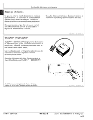 Combustible, lubricantes y refrigerante
01
002
8
DX,LUBMIX –63–18MAR96–1/1
Mezcla de lubricantes
En general, evitar la mezcla de aceites de marcas o
tipos diferentes. Los fabricantes de aceite combinan
agentes aditivos en sus aceites para cumplir con
ciertas especificaciones y requisitos de rendimiento.
El mezclar aceites de tipo diferente puede interferir
con el funcionamiento correcto de estos aditivos y
degradar el rendimiento del lubricante.
Consultar al concesionario John Deere para obtener la
información especı́fica y recomendaciones del caso.
DX,OILSCAN –63–02DEC02–1/1
OILSCAN y COOLSCAN
T6828AB
–UN–15JUN89
T6829AB
–UN–18OCT88
OILSCAN y COOLSCAN son programas de muestreo
de John Deere para ayudar a controlar el rendimiento de
la máquina e identificar problemas potenciales antes de
que puedan causar daños graves.
Las muestras de aceite y refrigerante deben tomarse de
cada sistema antes de cumplirse su intervalo
recomendado de cambio.
Consultar al concesionario John Deere acerca de la
disponibilidad de juegos OILSCAN y COOLSCAN.
OILSCAN es una marca registrada de Deere & Company.
COOLSCAN es una marca registrada de Deere & Company.
CTM101 (06APR04) 01-002-8 Motores diesel POWERTECH de 10.5 l y 12.5 l
041904
PN=38
 