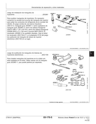 Herramientas de reparación y otros materiales
OUO1004,0000BC3 –63–01NOV00–13/16
RG8507
–UN–15SEP99
JDG981
Juego de instalación de manguitos de
inyectores . . . . . . . . . . . . . . . . . . . . . . . . . . JDG981
Para sustituir manguitos de inyectores. Es necesario
comprimir la cavidad de la punta del manguito del inyector
para sellar los conductos de refrigerante de la cavidad del
cilindro. El juego consta de una tuerca impulsora
JDE131-2, manguito guı́a JDG981-1, barra sujetadora de
manguito guı́a JDG981-3, perno de cabeza hexagonal
220213 (M8 x 1.25 x 40 mm), perno de cabeza hexagonal
220089 (M16 x 2 x 150 mm) y punzón MAY-25010. El
recalcador JDG981-2 ha quedado obsoleto. Usar el árbol
de recalcador JDG1184-2-1 y el adaptador 8132 del juego
de sustitución de manguito de tobera de inyector
electrónico JDG1184 en su lugar.
05
170
5
OUO1004,0000BC3 –63–01NOV00–14/16
RG10265
–UN–29JUL99
JDG1184
Juego de sustitución de manguitos de toberas de
inyectores electrónicos . . . . . . . . . . . . . . . . . JDG1184
Para instalar manguitos de inyectores en la culata con
ésta instalada en el motor. Debe usarse con el manguito
guı́a JDG981-1, que puede pedirse por separado.
Continúa en la pág. siguiente
CTM101 (06APR04) 05-170-5 Motores diesel POWERTECH de 10.5 l y 12.5 l
041904
PN=385
 