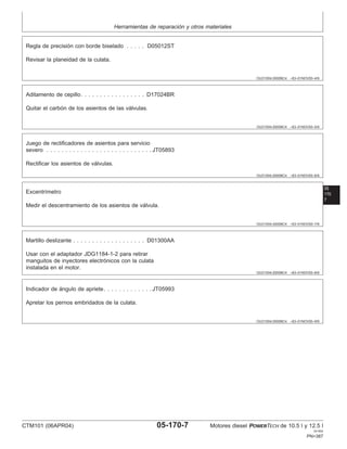Herramientas de reparación y otros materiales
OUO1004,0000BC4 –63–01NOV00–4/9
Regla de precisión con borde biselado . . . . . D05012ST
Revisar la planeidad de la culata.
OUO1004,0000BC4 –63–01NOV00–5/9
Aditamento de cepillo. . . . . . . . . . . . . . . . . D17024BR
Quitar el carbón de los asientos de las válvulas.
OUO1004,0000BC4 –63–01NOV00–6/9
Juego de rectificadores de asientos para servicio
severo . . . . . . . . . . . . . . . . . . . . . . . . . . . . JT05893
Rectificar los asientos de válvulas.
05
170
7
OUO1004,0000BC4 –63–01NOV00–7/9
Excentrı́metro
Medir el descentramiento de los asientos de válvula.
OUO1004,0000BC4 –63–01NOV00–8/9
Martillo deslizante . . . . . . . . . . . . . . . . . . . D01300AA
Usar con el adaptador JDG1184-1-2 para retirar
manguitos de inyectores electrónicos con la culata
instalada en el motor.
OUO1004,0000BC4 –63–01NOV00–9/9
Indicador de ángulo de apriete. . . . . . . . . . . . . JT05993
Apretar los pernos embridados de la culata.
CTM101 (06APR04) 05-170-7 Motores diesel POWERTECH de 10.5 l y 12.5 l
041904
PN=387
 