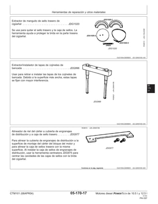 Herramientas de reparación y otros materiales
OUO1004,0000BD0 –63–02NOV00–4/9
RG8513
–UN–13AUG99
JDG1020
Extractor de manguito de sello trasero de
cigüeñal . . . . . . . . . . . . . . . . . . . . . . . . . . JDG1020
Se usa para quitar el sello trasero y la caja de sellos. La
herramienta ayuda a proteger la brida en la parte trasera
del cigüeñal.
05
170
17
OUO1004,0000BD0 –63–02NOV00–5/9
RG8521
–UN–20MAY98
JDG996
Extractor/instalador de tapas de cojinetes de
bancada . . . . . . . . . . . . . . . . . . . . . . . . . . . JDG996
Usar para retirar e instalar las tapas de los cojinetes de
bancada. Debido a la superficie más ancha, estas tapas
se fijan con mayor interferencia.
OUO1004,0000BD0 –63–02NOV00–6/9
RG8510 –UN–20MAY98
JDG977
Alineador de riel del cárter a cubierta de engranajes
de distribución y a caja de sello trasero . . . . . . . JDG977
Para alinear la cubierta de engranajes de distribución a la
superficie de montaje del cárter del bloque del motor y
para alinear la caja de sellos trasera con la misma
superficie. Al instalar la caja de sellos de engranajes de
distribución, usar la herramienta centradora JDG975 para
centrar las cavidades de las cajas de sellos con la brida
del cigüeñal.
Continúa en la pág. siguiente
CTM101 (06APR04) 05-170-17 Motores diesel POWERTECH de 10.5 l y 12.5 l
041904
PN=397
 