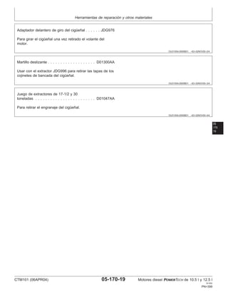 Herramientas de reparación y otros materiales
OUO1004,0000BD1 –63–02NOV00–2/4
Adaptador delantero de giro del cigüeñal . . . . . . JDG976
Para girar el cigüeñal una vez retirado el volante del
motor.
OUO1004,0000BD1 –63–02NOV00–3/4
Martillo deslizante . . . . . . . . . . . . . . . . . . . D01300AA
Usar con el extractor JDG996 para retirar las tapas de los
cojinetes de bancada del cigüeñal.
OUO1004,0000BD1 –63–02NOV00–4/4
Juego de extractores de 17-1/2 y 30
toneladas . . . . . . . . . . . . . . . . . . . . . . . . D01047AA
Para retirar el engranaje del cigüeñal.
05
170
19
CTM101 (06APR04) 05-170-19 Motores diesel POWERTECH de 10.5 l y 12.5 l
041904
PN=399
 