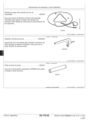 Herramientas de reparación y otros materiales
OUO1004,0000BD4 –63–02NOV00–4/8
RG8520
–UN–20MAY98
JDG993
Plantilla de juego entre dientes de tren de
engranajes. . . . . . . . . . . . . . . . . . . . . . . . . . JDG993
Usar para ubicar los dientes correctos del engranaje
intermedio para ajustar el juego entre dientes con
precisión. Esta medida es crı́tica para la sincronización de
los inyectores.
05
170
22
OUO1004,0000BD4 –63–02NOV00–5/8
RG10275 –UN–04AUG99
JDG969A
Sujetador del árbol de levas . . . . . . . . . . . . . JDG969A
Usarla junto con una eslinga para controlar la posición del
árbol de levas al retirarlo e instalarlo. Usar junto con el
piloto JDG972 de árbol de levas.
OUO1004,0000BD4 –63–02NOV00–6/8
RG8504 –UN–20MAY98
JDG972
Piloto de árbol de levas . . . . . . . . . . . . . . . . . JDG972
Usar con la herramienta sujetadoras JDG969A para retirar
e instalar el árbol de levas.
Continúa en la pág. siguiente
CTM101 (06APR04) 05-170-22 Motores diesel POWERTECH de 10.5 l y 12.5 l
041904
PN=402
 