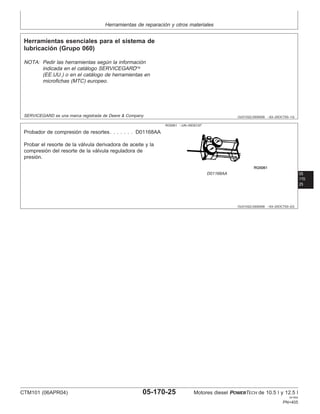 Herramientas de reparación y otros materiales
OUO1022,0000008 –63–25OCT00–1/2
Herramientas esenciales para el sistema de
lubricación (Grupo 060)
NOTA: Pedir las herramientas según la información
indicada en el catálogo SERVICEGARD
(EE.UU.) o en el catálogo de herramientas en
microfichas (MTC) europeo.
SERVICEGARD es una marca registrada de Deere & Company
05
170
25
OUO1022,0000008 –63–25OCT00–2/2
RG5061 –UN–05DEC97
D01168AA
Probador de compresión de resortes. . . . . . . D01168AA
Probar el resorte de la válvula derivadora de aceite y la
compresión del resorte de la válvula reguladora de
presión.
CTM101 (06APR04) 05-170-25 Motores diesel POWERTECH de 10.5 l y 12.5 l
041904
PN=405
 
