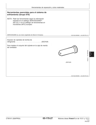 Herramientas de reparación y otros materiales
OUO1022,000000B –63–26OCT00–1/2
Herramientas esenciales para el sistema de
enfriamiento (Grupo 070)
NOTA: Pedir las herramientas según la información
indicada en el catálogo SERVICEGARD
(EE.UU.) o en el catálogo de herramientas en
microfichas (MTC) europeo.
SERVICEGARD es una marca registrada de Deere & Company
05
170
27
OUO1022,000000B –63–26OCT00–2/2
RG6219
–UN–06MAR92
JDG743A
Impulsor de cojinetes de bomba de
refrigerante . . . . . . . . . . . . . . . . . . . . . . . . JDG743A
Para instalar el conjunto del cojinete en la caja de mando
del ventilador.
CTM101 (06APR04) 05-170-27 Motores diesel POWERTECH de 10.5 l y 12.5 l
041904
PN=407
 