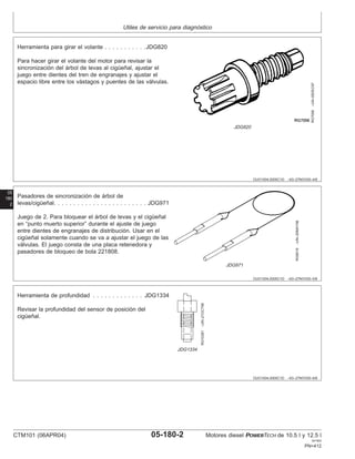 Utiles de servicio para diagnóstico
OUO1004,0000C1D –63–27NOV00–4/6
RG7056
–UN–05DEC97
JDG820
Herramienta para girar el volante . . . . . . . . . . .JDG820
Para hacer girar el volante del motor para revisar la
sincronización del árbol de levas al cigüeñal, ajustar el
juego entre dientes del tren de engranajes y ajustar el
espacio libre entre los vástagos y puentes de las válvulas.
05
180
2
OUO1004,0000C1D –63–27NOV00–5/6
RG8519
–UN–20MAY98
JDG971
Pasadores de sincronización de árbol de
levas/cigüeñal. . . . . . . . . . . . . . . . . . . . . . . . JDG971
Juego de 2. Para bloquear el árbol de levas y el cigüeñal
en “punto muerto superior” durante el ajuste de juego
entre dientes de engranajes de distribución. Usar en el
cigüeñal solamente cuando se va a ajustar el juego de las
válvulas. El juego consta de una placa retenedora y
pasadores de bloqueo de bola 221808.
OUO1004,0000C1D –63–27NOV00–6/6
RG10381
–UN–21OCT99
JDG1334
Herramienta de profundidad . . . . . . . . . . . . . JDG1334
Revisar la profundidad del sensor de posición del
cigüeñal.
CTM101 (06APR04) 05-180-2 Motores diesel POWERTECH de 10.5 l y 12.5 l
041904
PN=412
 