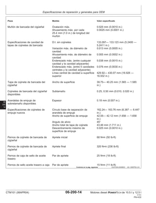 Especificaciones de reparación y generales para OEM
06
200
14
OUO1004,0000BD3 –63–19SEP02–2/3
Pieza Medida Valor especificado
Muñón de bancada del cigüeñal Ovalación máx. 0.025 mm (0.0010 in.)
Ahusamiento máx. por cada 0.0025 mm (0.0001 in.)
25.4 mm (1.0 in.) de longitud del
muñón
Especificaciones de cavidad de D.I. sin cojinetes 133.097— 133.123 mm (5.2400 —
tapas de cojinetes de bancada 5.2411 in.)
Variación máx. de diámetro de 0.013 mm (0.0005 in.)
cavidad
Ahusamiento máx. de diámetro de 0.005 mm (0.0002 in.)
cavidad
Enderezado máx. (entre cualquier 0.038 mm (0.0015 in.)
cavidad y la cavidad adyacente)
Enderezado máx. (entre 5 cavidades 0.076 mm (0.0030 in.)
centrales y la cavidad adyacente)
Lı́nea central de cavidad a superficie 429.92— 430.07 mm (16.926 —
superior 16.932 in.)
Tapa de cojinete de bancada del Ancho de superficie 39.75— 40.25 mm (1.565 — 1.585
cigüeñal in.)
Cojinetes de bancada del cigüeñal Subtamaño 0.25, 0.50 mm (0.010, 0.020 in.)
disponibles
Arandelas de empuje de Espesor 0.18 mm (0.007 in.).
sobretamaño disponibles
Especificaciones de cojinetes de Cı́rculo base de separación de 162.24— 163.76 mm (6.387 — 6.447
empuje nuevos arandela de empuje in.)
Ancho de superficie de empuje 42.05— 42.12 mm (1.656 — 1.658
in.)
Angulo de alivio 45°
Ancho total de tapa de cojinete 43.46 mm (1.711 in.)
Descentramiento máximo de 0.025 mm (0.0010 in.)
superficie de empuje
Pernos de cojinete de bancada de Apriete inicial 68 N•m (50 lb-ft)
cigüeñal
Pernos de cojinete de bancada de Apriete final 320 N•m (236 lb-ft)
cigüeñal
Pernos de caja de sello de aceite Par de apriete 25 N•m (18 lb-ft)
trasero
Pernos de sello aceite trasero a caja Par de apriete 15 N•m (11 lb-ft)
Continúa en la pág. siguiente
CTM101 (06APR04) 06-200-14 Motores diesel POWERTECH de 10.5 l y 12.5 l
041904
PN=430
 