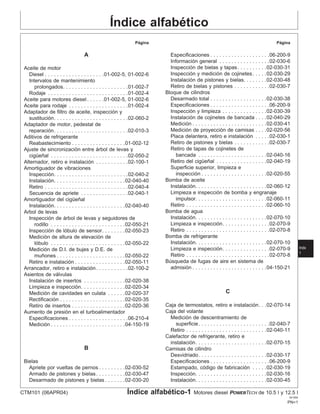 Índice alfabético
Página Página
A Especificaciones . . . . . . . . . . . . . . . . . . . .06-200-9
Información general . . . . . . . . . . . . . . . . .02-030-6
Inspección de bielas y tapas. . . . . . . . . .02-030-31
Aceite de motor
Inspección y medición de cojinetes. . . . .02-030-29
Diesel . . . . . . . . . . . . . . . . . . . .01-002-5, 01-002-6
Instalación de pistones y bielas. . . . . . . .02-030-48
Intervalos de mantenimiento
Retiro de bielas y pistones . . . . . . . . . . . .02-030-7
prolongados. . . . . . . . . . . . . . . . . . . . . .01-002-7
Bloque de cilindros
Rodaje . . . . . . . . . . . . . . . . . . . . . . . . . . .01-002-4
Desarmado total . . . . . . . . . . . . . . . . . . .02-030-38
Aceite para motores diesel . . . . . .01-002-5, 01-002-6
Especificaciones . . . . . . . . . . . . . . . . . . . .06-200-9
Aceite para rodaje . . . . . . . . . . . . . . . . . . . .01-002-4
Inspección y limpieza . . . . . . . . . . . . . . .02-030-39
Adaptador de filtro de aceite, inspección y
Instalación de cojinetes de bancada . . . .02-040-29
sustitución. . . . . . . . . . . . . . . . . . . . . . . . .02-060-2
Medición . . . . . . . . . . . . . . . . . . . . . . . . .02-030-41
Adaptador de motor, pedestal de
Medición de proyección de camisas . . . .02-020-56
reparación. . . . . . . . . . . . . . . . . . . . . . . . .02-010-3
Placa delantera, retiro e instalación . . . . .02-030-1
Aditivos de refrigerante
Retiro de pistones y bielas . . . . . . . . . . . .02-030-7
Reabastecimiento . . . . . . . . . . . . . . . . . .01-002-12
Retiro de tapas de cojinetes de
Ajuste de sincronización entre árbol de levas y
bancada . . . . . . . . . . . . . . . . . . . . . . .02-040-16
cigüeñal . . . . . . . . . . . . . . . . . . . . . . . . . .02-050-2
Retiro del cigüeñal . . . . . . . . . . . . . . . . .02-040-19
Alternador, retiro e instalación . . . . . . . . . . .02-100-1
Superficie superior, limpieza e
Amortiguador de vibraciones
inspección . . . . . . . . . . . . . . . . . . . . . .02-020-55
Inspección. . . . . . . . . . . . . . . . . . . . . . . . .02-040-2
Bomba de aceite
Instalación. . . . . . . . . . . . . . . . . . . . . . . .02-040-40
Instalación. . . . . . . . . . . . . . . . . . . . . . . .02-060-12
Retiro . . . . . . . . . . . . . . . . . . . . . . . . . . . .02-040-4
Limpieza e inspección de bomba y engranaje
Secuencia de apriete . . . . . . . . . . . . . . . .02-040-1
impulsor. . . . . . . . . . . . . . . . . . . . . . . .02-060-11
Amortiguador del cigüeñal
Retiro . . . . . . . . . . . . . . . . . . . . . . . . . . .02-060-10
Instalación. . . . . . . . . . . . . . . . . . . . . . . .02-040-40
Bomba de agua
Arbol de levas
Instalación. . . . . . . . . . . . . . . . . . . . . . . .02-070-10
Inspección de árbol de levas y seguidores de
Limpieza e inspección. . . . . . . . . . . . . . . .02-070-9
rodillo . . . . . . . . . . . . . . . . . . . . . . . . .02-050-21
Retiro . . . . . . . . . . . . . . . . . . . . . . . . . . . .02-070-8
Inspección de lóbulo de sensor. . . . . . . .02-050-23
Bomba de refrigerante
Medición de altura de elevación de
Instalación. . . . . . . . . . . . . . . . . . . . . . . .02-070-10
lóbulo . . . . . . . . . . . . . . . . . . . . . . . . .02-050-22
Indx
Limpieza e inspección. . . . . . . . . . . . . . . .02-070-9
Medición de D.I. de bujes y D.E. de
1
Retiro . . . . . . . . . . . . . . . . . . . . . . . . . . . .02-070-8
muñones . . . . . . . . . . . . . . . . . . . . . . .02-050-22
Búsqueda de fugas de aire en sistema de
Retiro e instalación . . . . . . . . . . . . . . . . .02-050-11
admisión . . . . . . . . . . . . . . . . . . . . . . . . .04-150-21
Arrancador, retiro e instalación. . . . . . . . . . .02-100-2
Asientos de válvulas
Instalación de insertos . . . . . . . . . . . . . .02-020-38
Limpieza e inspección. . . . . . . . . . . . . . .02-020-34
C
Medición de cavidades en culata . . . . . .02-020-37
Rectificación . . . . . . . . . . . . . . . . . . . . . .02-020-35
Caja de termostatos, retiro e instalación. . .02-070-14
Retiro de insertos . . . . . . . . . . . . . . . . . .02-020-36
Caja del volante
Aumento de presión en el turboalimentador
Medición de descentramiento de
Especificaciones . . . . . . . . . . . . . . . . . . . .06-210-4
superficie. . . . . . . . . . . . . . . . . . . . . . . .02-040-7
Medición . . . . . . . . . . . . . . . . . . . . . . . . .04-150-19
Retiro . . . . . . . . . . . . . . . . . . . . . . . . . . .02-040-11
Calefactor de refrigerante, retiro e
instalación. . . . . . . . . . . . . . . . . . . . . . . .02-070-15
B Camisas de cilindro
Desvidriado. . . . . . . . . . . . . . . . . . . . . . .02-030-17
Especificaciones . . . . . . . . . . . . . . . . . . . .06-200-9
Bielas
Apriete por vueltas de pernos . . . . . . . . .02-030-52 Estampado, código de fabricación . . . . .02-030-19
Inspección. . . . . . . . . . . . . . . . . . . . . . . .02-030-16
Armado de pistones y bielas. . . . . . . . . .02-030-47
Desarmado de pistones y bielas . . . . . . .02-030-20 Instalación. . . . . . . . . . . . . . . . . . . . . . . .02-030-45
CTM101 (06APR04) Índice alfabético-1 Motores diesel POWERTECH de 10.5 l y 12.5 l
041904
PN=1
 