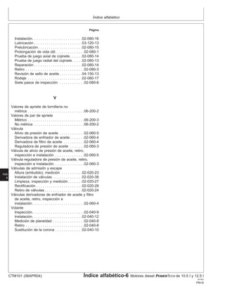 Índice alfabético
Página
Instalación. . . . . . . . . . . . . . . . . . . . . . . .02-080-16
Lubricación . . . . . . . . . . . . . . . . . . . . . . .03-120-13
Prelubricación . . . . . . . . . . . . . . . . . . . . .02-080-15
Prolongación de vida útil. . . . . . . . . . . . . .02-080-1
Prueba de juego axial de cojinete . . . . . .02-080-14
Prueba de juego radial del cojinete. . . . .02-080-13
Reparación . . . . . . . . . . . . . . . . . . . . . . .02-080-14
Retiro . . . . . . . . . . . . . . . . . . . . . . . . . . . .02-080-3
Revisión de sello de aceite . . . . . . . . . . .04-150-13
Rodaje . . . . . . . . . . . . . . . . . . . . . . . . . .02-080-17
Siete pasos de inspección . . . . . . . . . . . .02-080-6
V
Valores de apriete de tornillerı́a no
métrica . . . . . . . . . . . . . . . . . . . . . . . . . . .06-200-2
Valores de par de apriete
Métrico . . . . . . . . . . . . . . . . . . . . . . . . . . .06-200-3
No métrica . . . . . . . . . . . . . . . . . . . . . . . .06-200-2
Válvula
Alivio de presión de aceite . . . . . . . . . . . .02-060-5
Derivadora de enfriador de aceite . . . . . . .02-060-4
Derivadora de filtro de aceite . . . . . . . . . .02-060-4
Reguladora de presión de aceite . . . . . . .02-060-3
Válvula de alivio de presión de aceite, retiro,
inspección e instalación . . . . . . . . . . . . . .02-060-5
Válvula reguladora de presión de aceite, retiro,
inspección e instalación . . . . . . . . . . . . . .02-060-3
Válvulas de admisión y escape
Altura (embutido), medición . . . . . . . . . .02-020-23
Instalación de válvulas . . . . . . . . . . . . . .02-020-38
Limpieza, inspección y medición. . . . . . .02-020-27
Indx
6
Rectificación . . . . . . . . . . . . . . . . . . . . . .02-020-28
Retiro de válvulas . . . . . . . . . . . . . . . . . .02-020-24
Válvulas derivadoras de enfriador de aceite y filtro
de aceite, retiro, inspección e
instalación. . . . . . . . . . . . . . . . . . . . . . . . .02-060-4
Volante
Inspección. . . . . . . . . . . . . . . . . . . . . . . . .02-040-9
Instalación. . . . . . . . . . . . . . . . . . . . . . . .02-040-12
Medición de planeidad . . . . . . . . . . . . . . .02-040-8
Retiro . . . . . . . . . . . . . . . . . . . . . . . . . . . .02-040-8
Sustitución de la corona . . . . . . . . . . . . .02-040-10
CTM101 (06APR04) Índice alfabético-6 Motores diesel POWERTECH de 10.5 l y 12.5 l
041904
PN=6
 